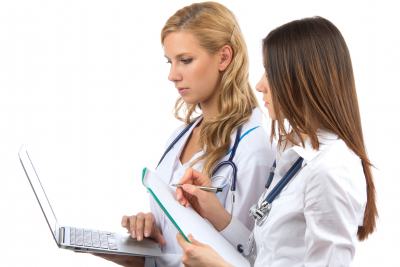 two women doctor and nurse research study hold laptop computer having a discussion